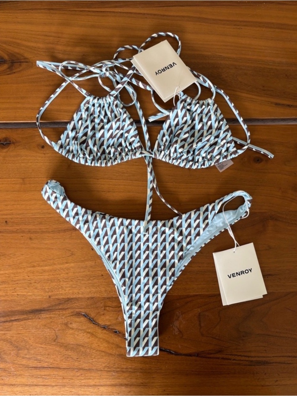 Venroy Light Blue Patterned Triangle Bikini Set — Size Small (NWT)